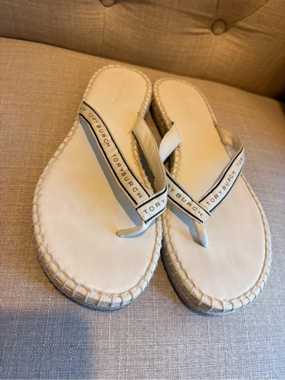 Tory Burch Cream Raffia-Trim Flip Flop Sandals
